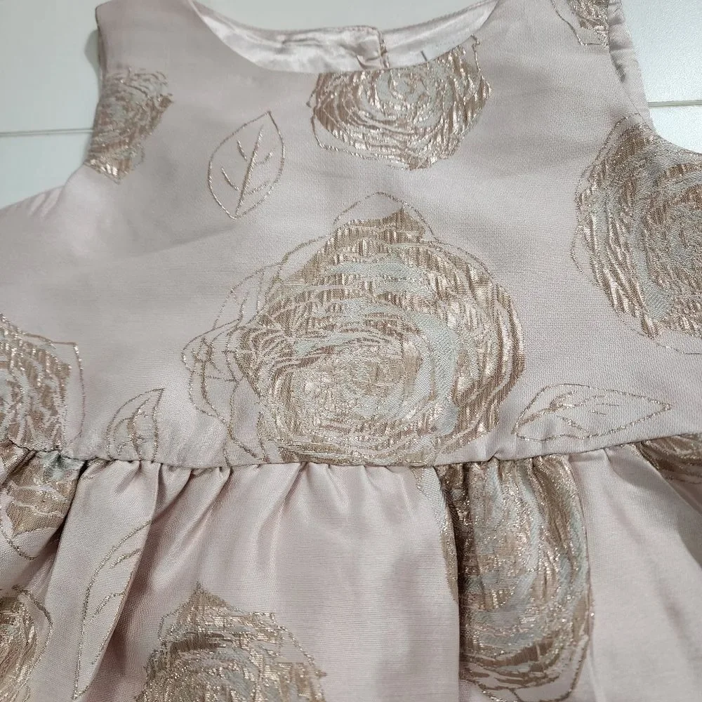 Girls Pink Rose Gold Brocade Jacquard Formal Flower Roses Dress Size 4t